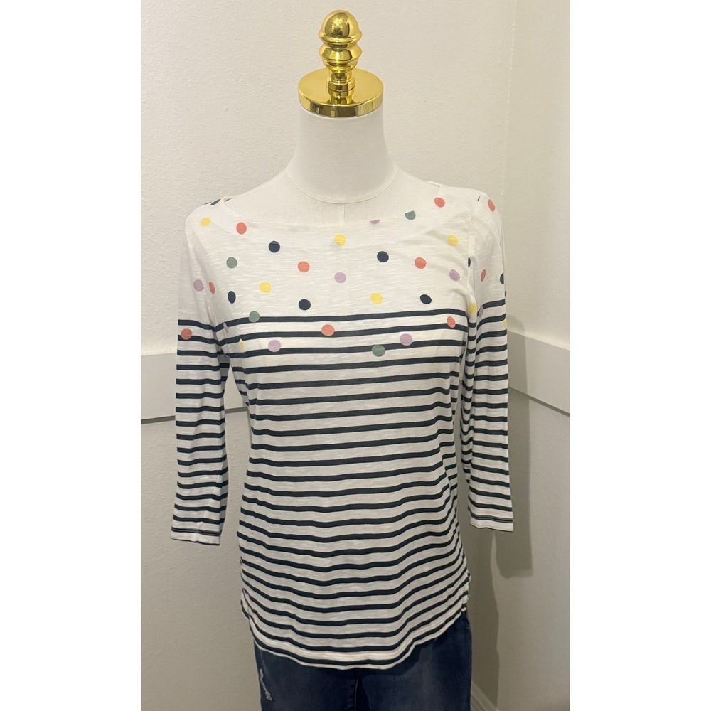 LOFT Boat Neck Top Womens XS White Navy Blue Good Striped Polka Dot 3/4 Sleeve